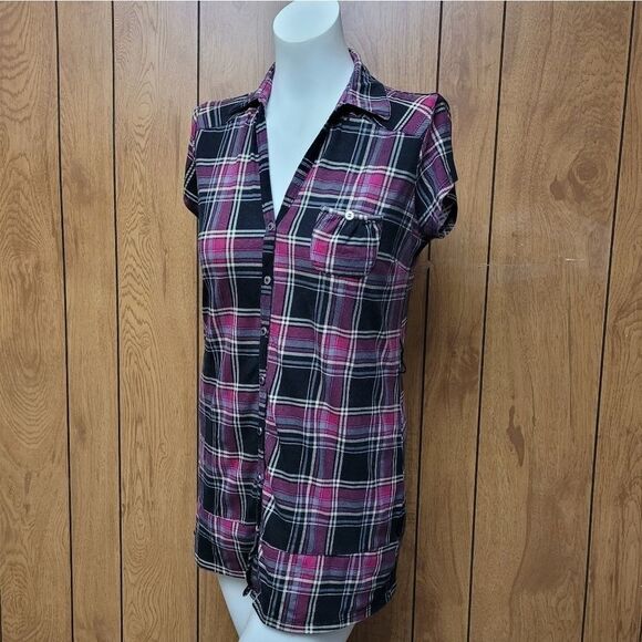 Decree Plaid Button down Tunic Red/Blk Large - Picture 1 of 8